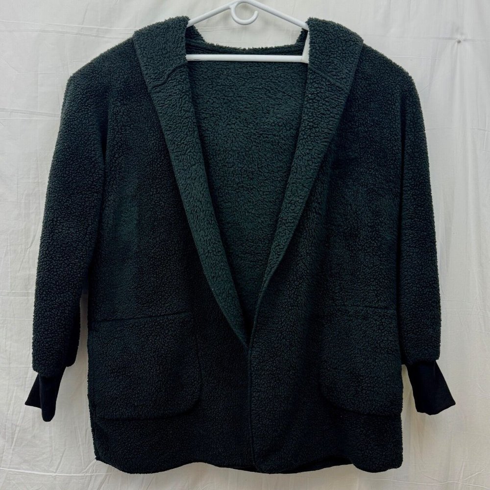 Fleece Open Front Hooded Fuzzy Cardigan w/Pocket Women XL Black Utyful